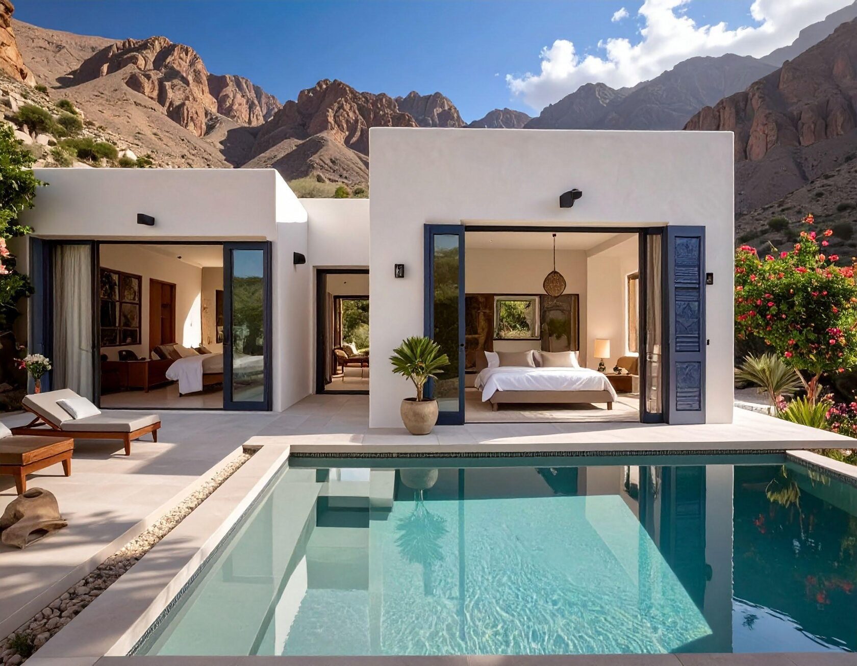 Olive Farms farmhouse with a private pool and the Hajar Mountains behind it