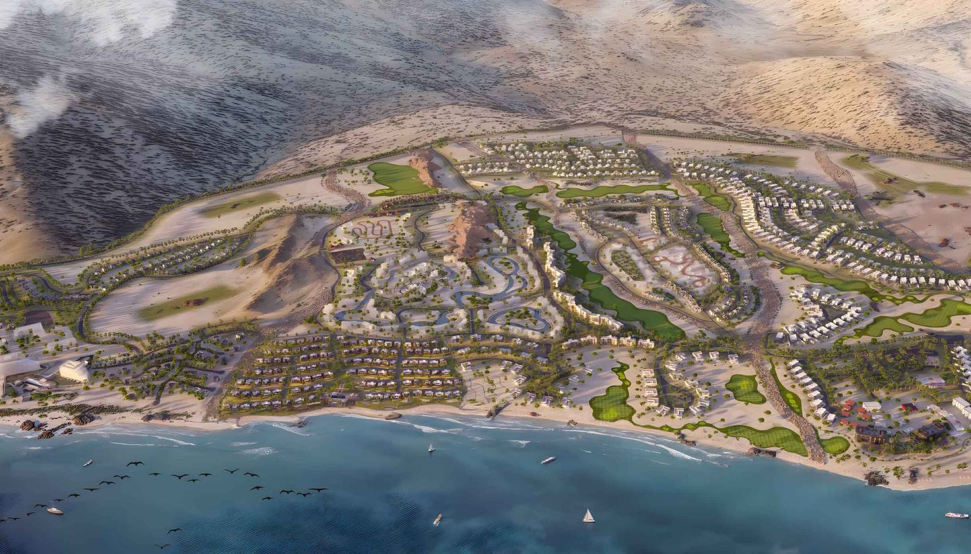 Jebel Sifah resort from above, coast and mountains