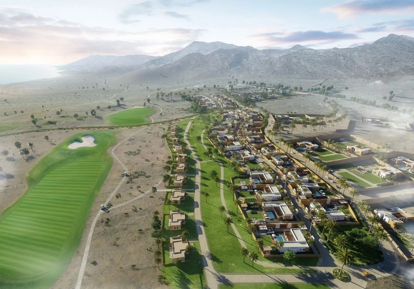 Jebel Sifah — golf fairways and residential community from above